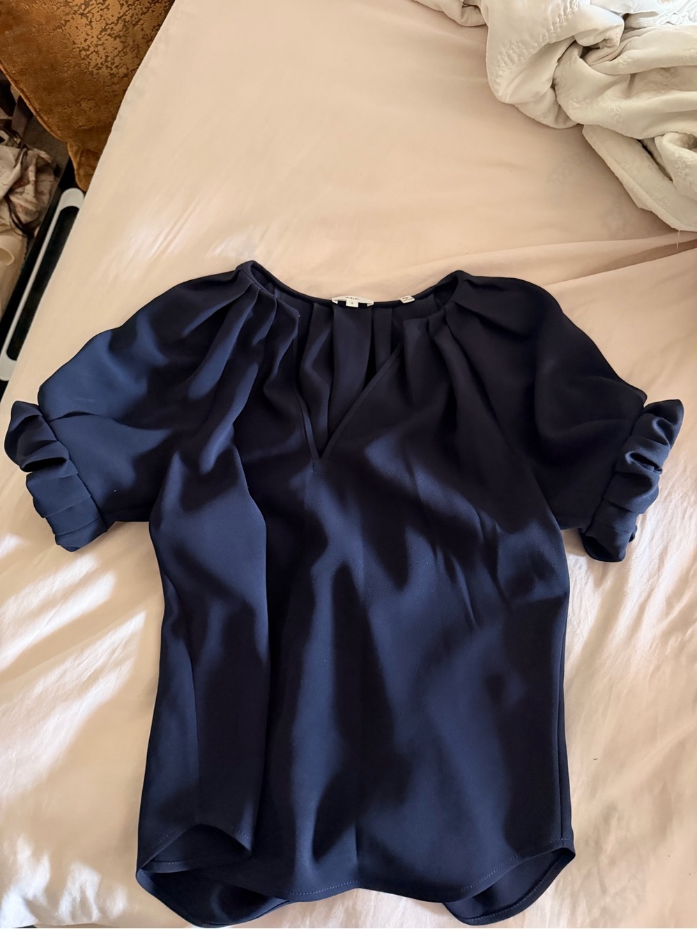 Zara Navy Short-Sleeve Pleated Neck Blouse